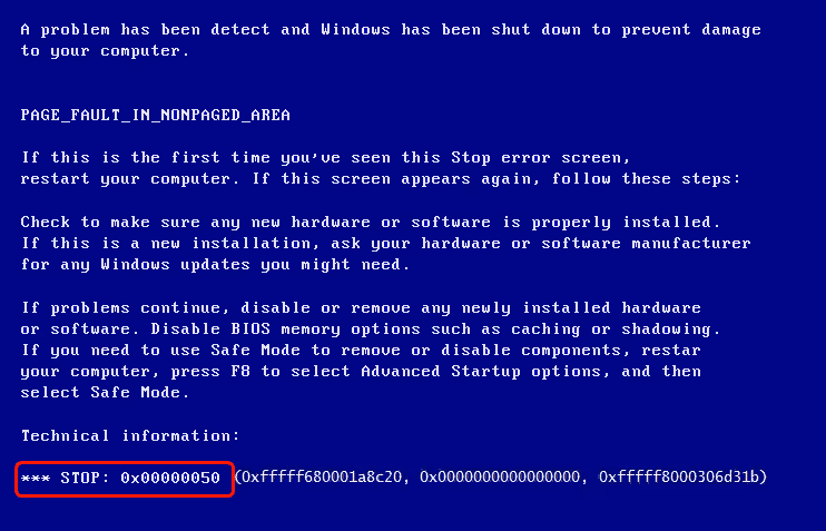 0x00000050 Blue Screen of Death Error