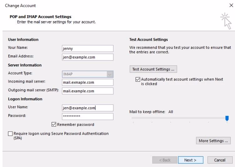 Check the Email Outlook Settings