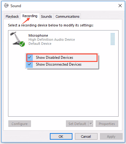 click on the "Show Disabled Devices" option
