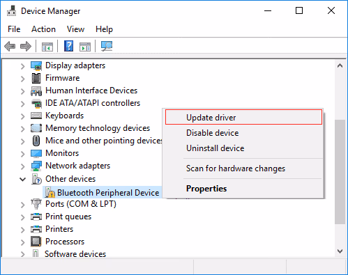 Updat Driver to fix Bluetooth Peripheral Devices No Driver Found Error