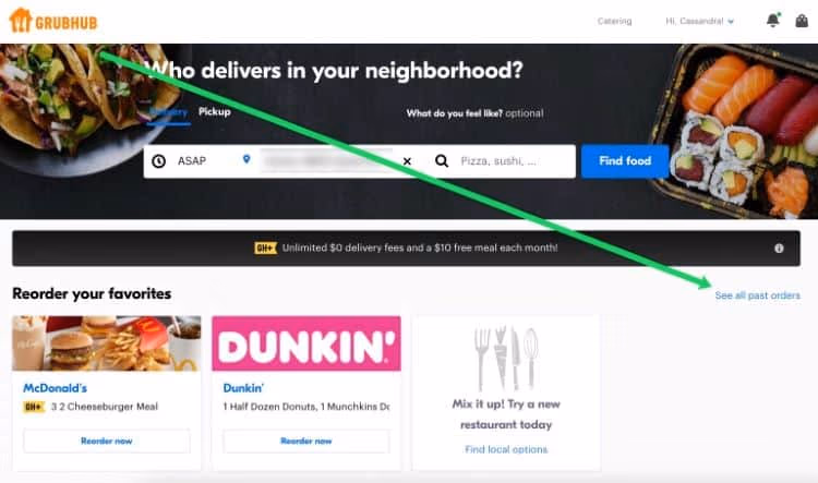 See all Orders on Grubhub