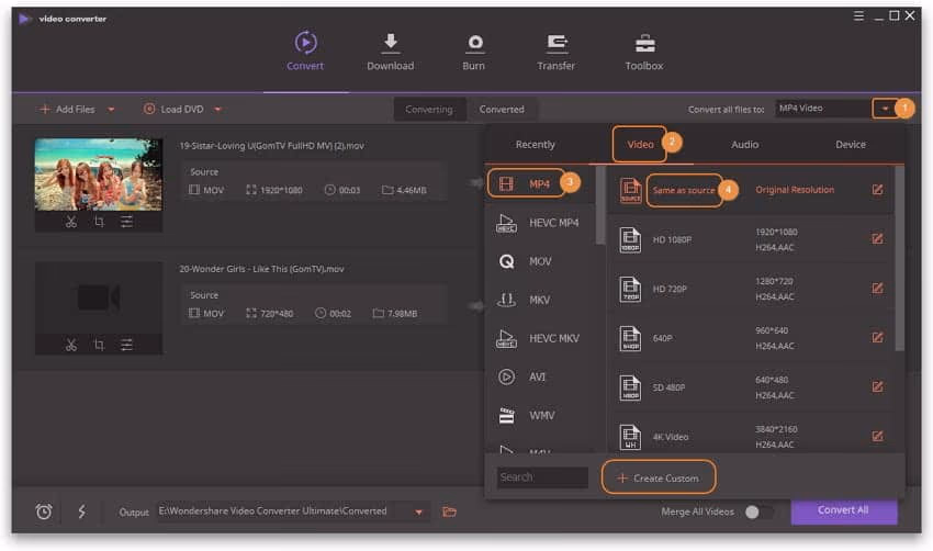 set output format as mp for videomp conversion