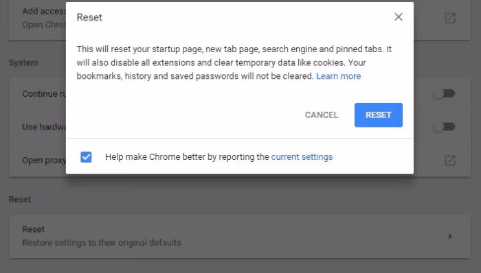 Reset Google Chrome