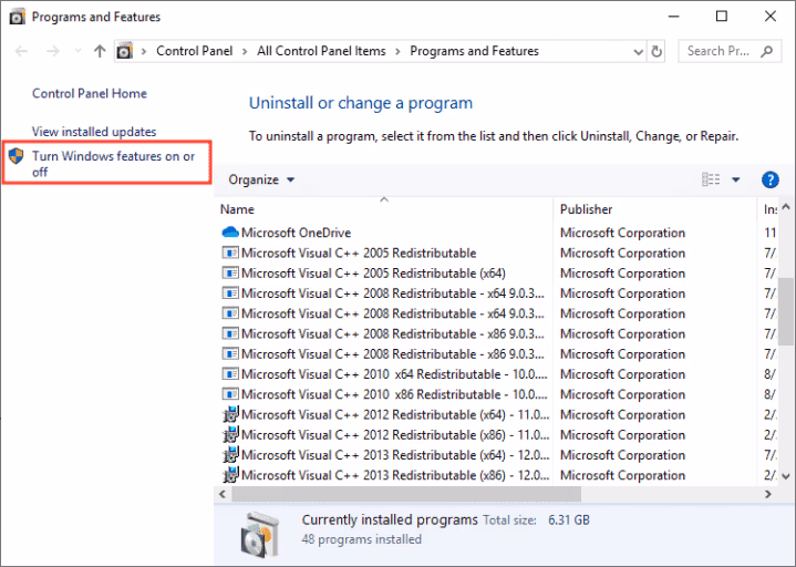 Turn Windows features on or off