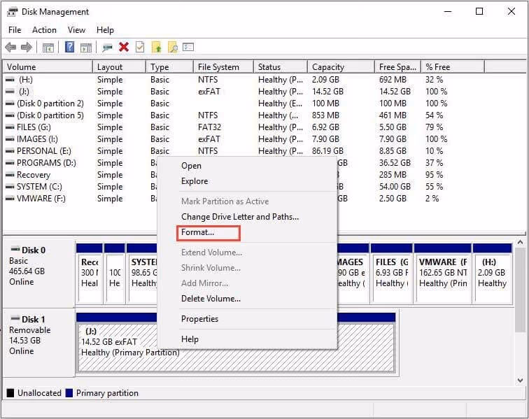 Use Disk Management tool to change exFAT to FAT32