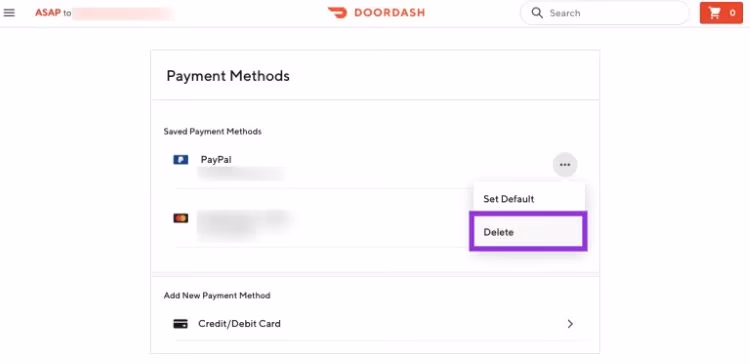 Delete Payment from DoorDash