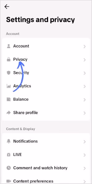 TikTok settings and privacy -> Privacy