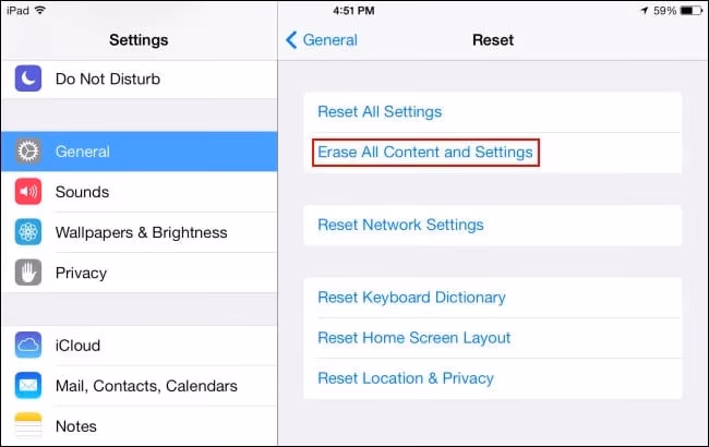 Erase All Content and Settings to resolve iPad Activation Error