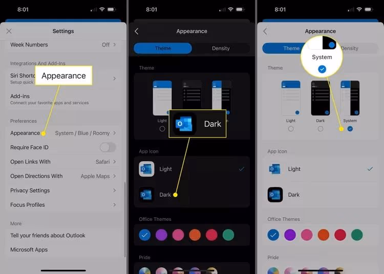 Activating Dark Theme on iPhone Outlook