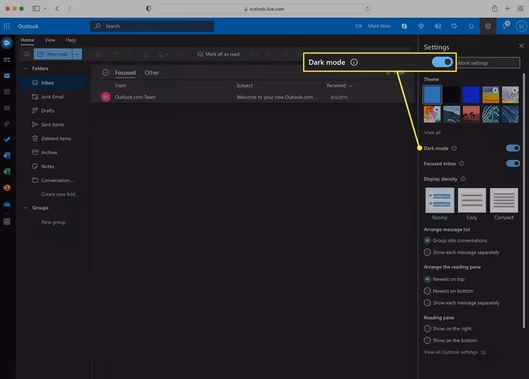 Click the Dark Mode slider to toggle it to On