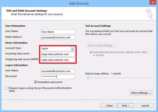 Verify Outlook Account Settings