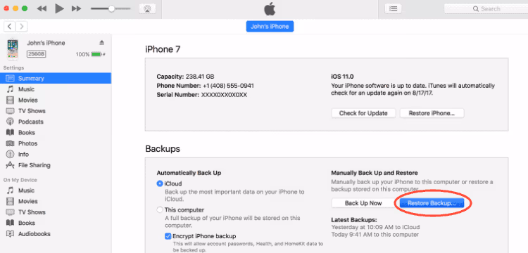 Restore Backup on iTunes