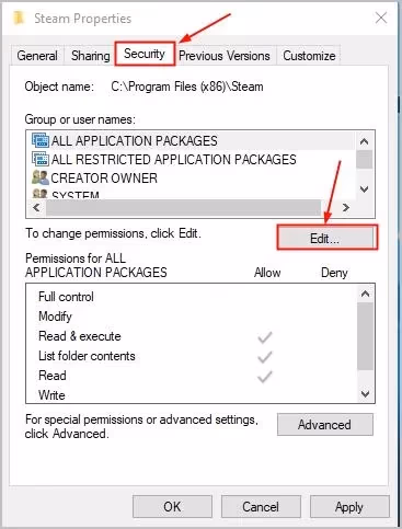 Set full control over the folder security of Steam