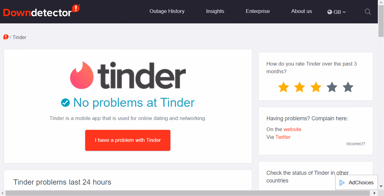 Tinder Downdetector Page