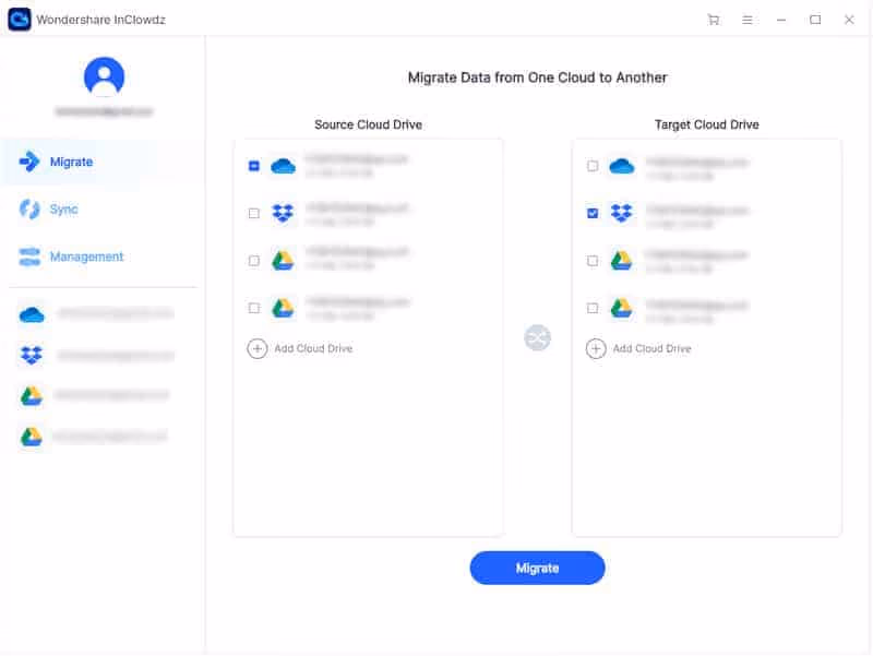 Transfer Dropbox to Google Drive with Wondershare InClowdz