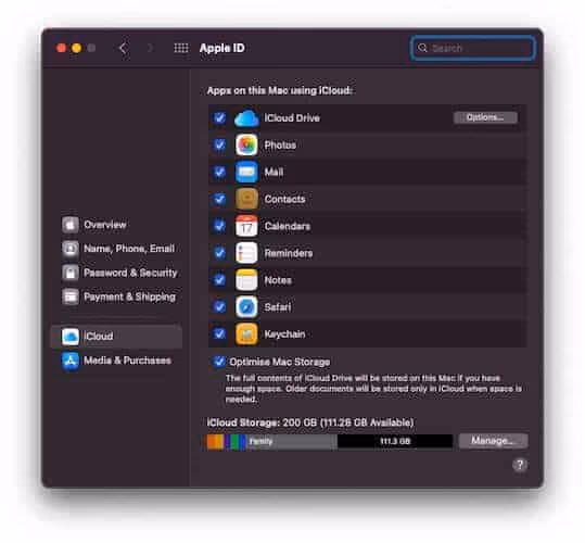iCloud Settings on macOS