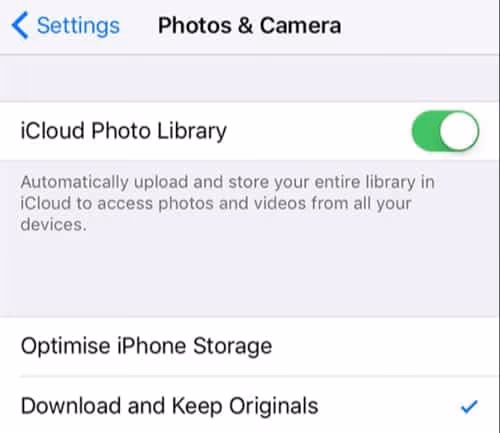 Turn iCloud Photos to fix Unable to Share Photos iPhone