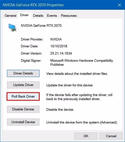 Roll back driver to fix Video TDR failure on Windows 10