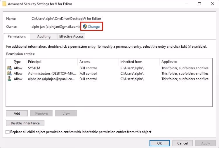 Change Advanced Security Settings