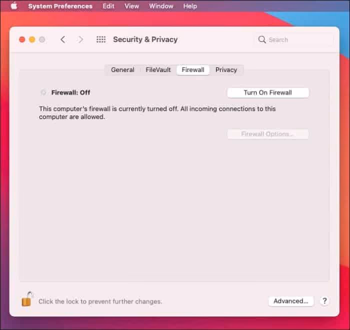 Turn off firewall on macOS to Fix VLC is unable to open the MRL