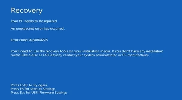 recovery your PC needs to be repaired error